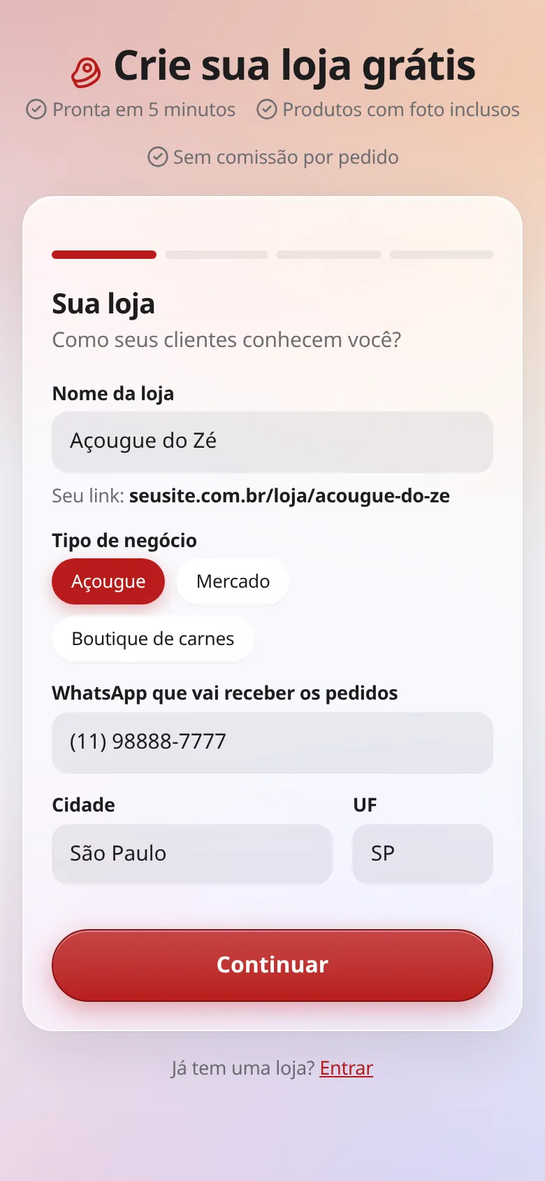 Tela do passo 1: nome da loja 'Açougue do Zé', tipo Açougue, WhatsApp e cidade preenchidos