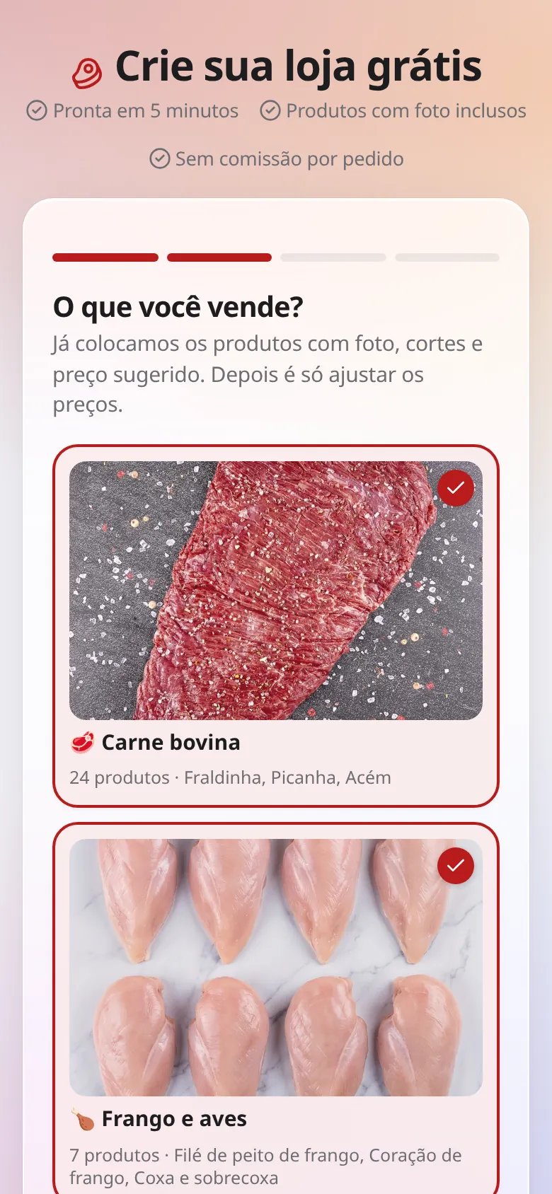 Tela do passo 2: cartões de Carne bovina e Frango e aves marcados, com fotos dos produtos