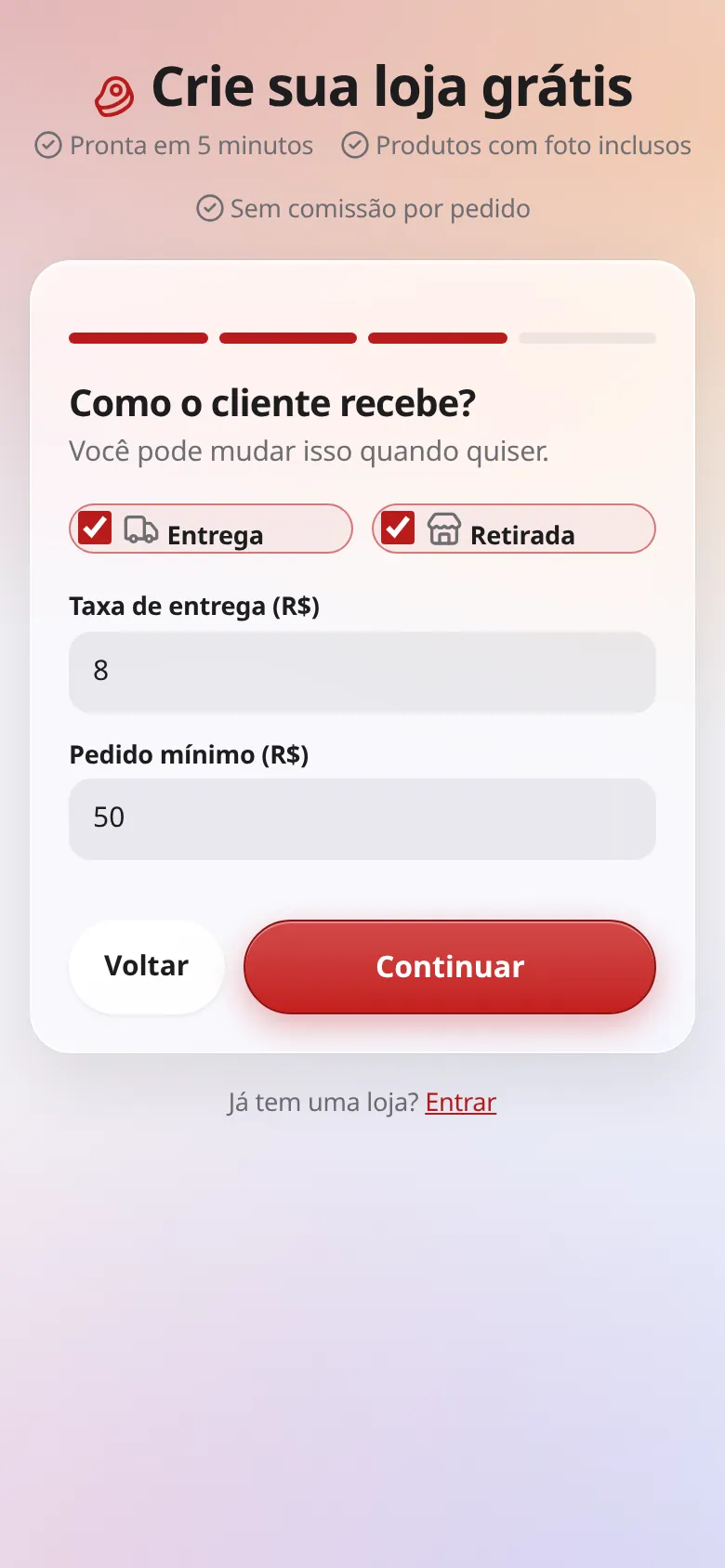Tela do passo 3: opções Entrega e Retirada marcadas, taxa de entrega e pedido mínimo