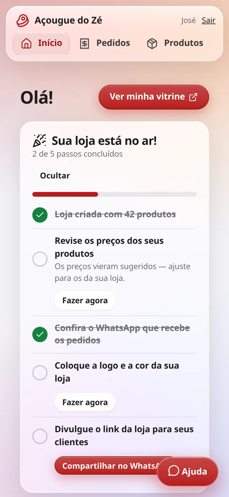 Painel da loja com a mensagem 'Sua loja está no ar!' e a lista de próximos passos