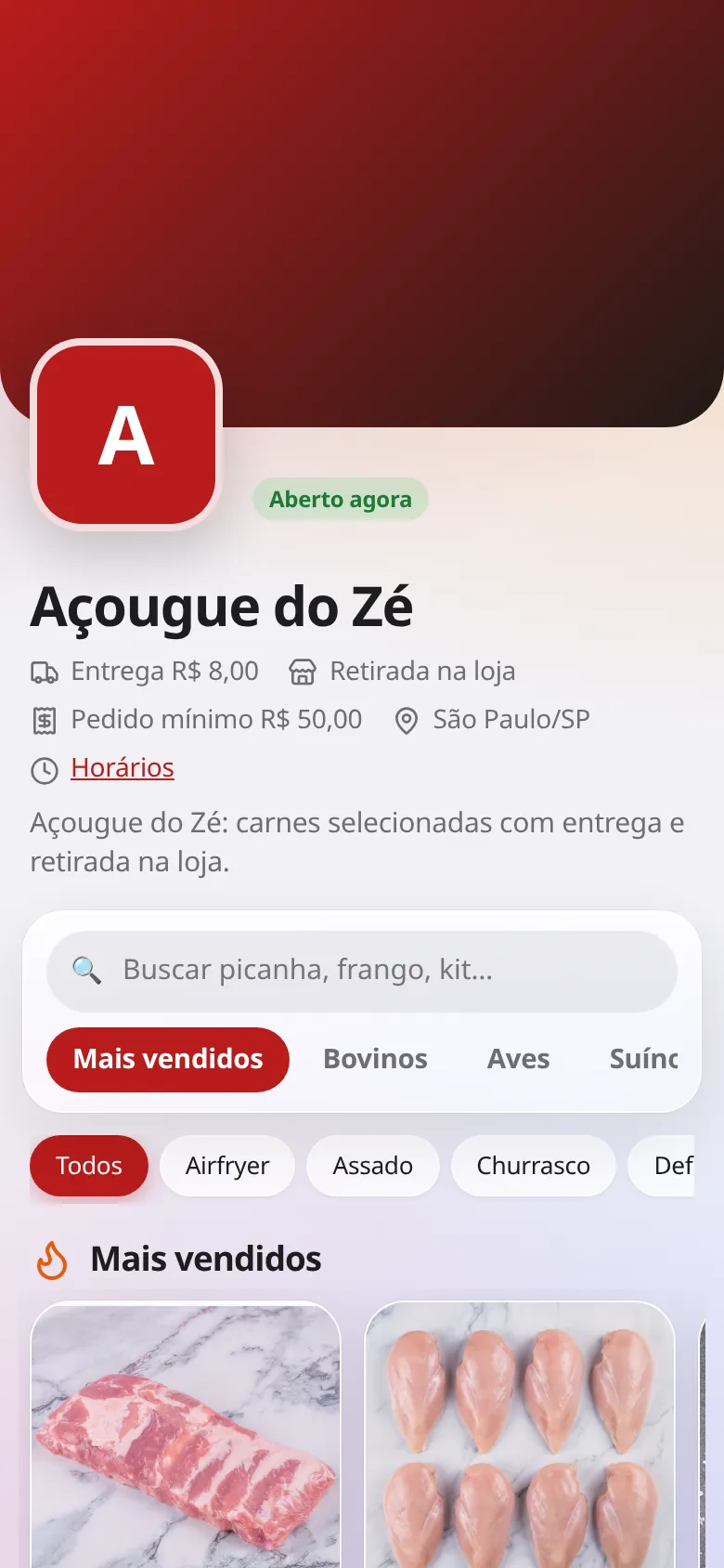 Vitrine do Açougue do Zé no celular, com informações de entrega e busca de produtos